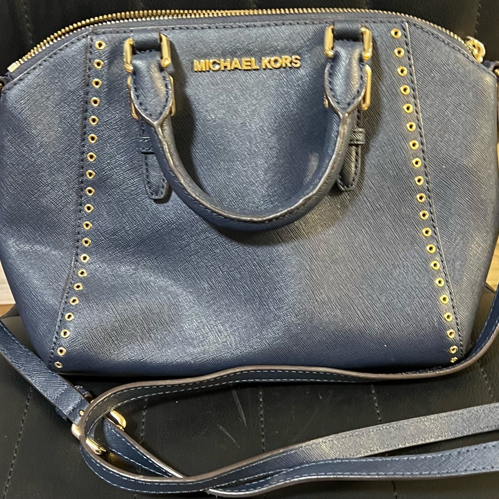 Sale Michael Kors Dark Blue Satchel with Gold Accents